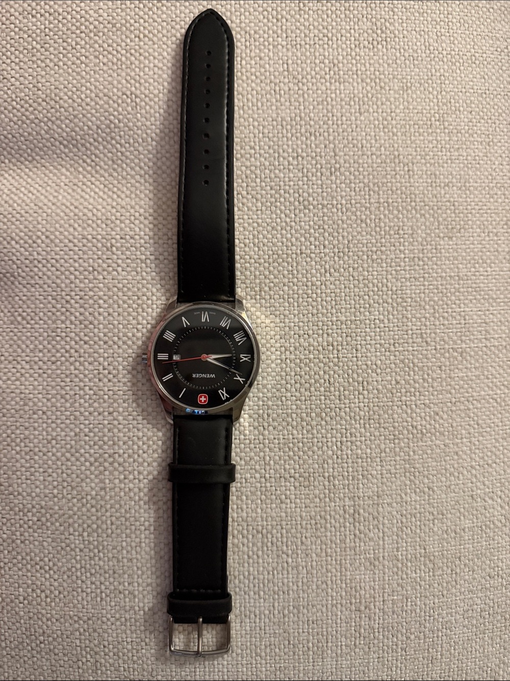 Wenger Black Dial Black Leather Strap Men's Watch